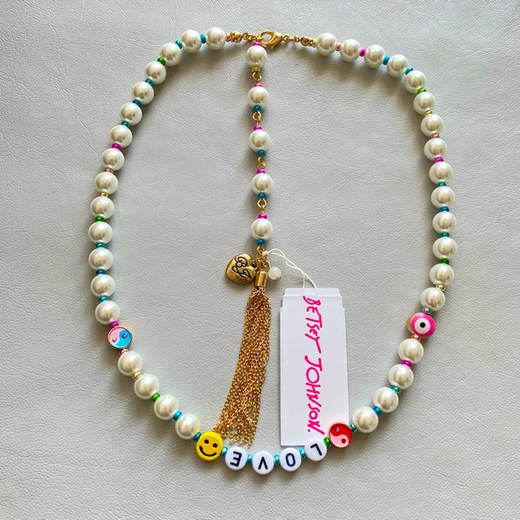 Betsey Johnson LOVE Pearl Rainbow Gold Tone Tassel Extender Collar Necklace NWT - Picture 6 of 14